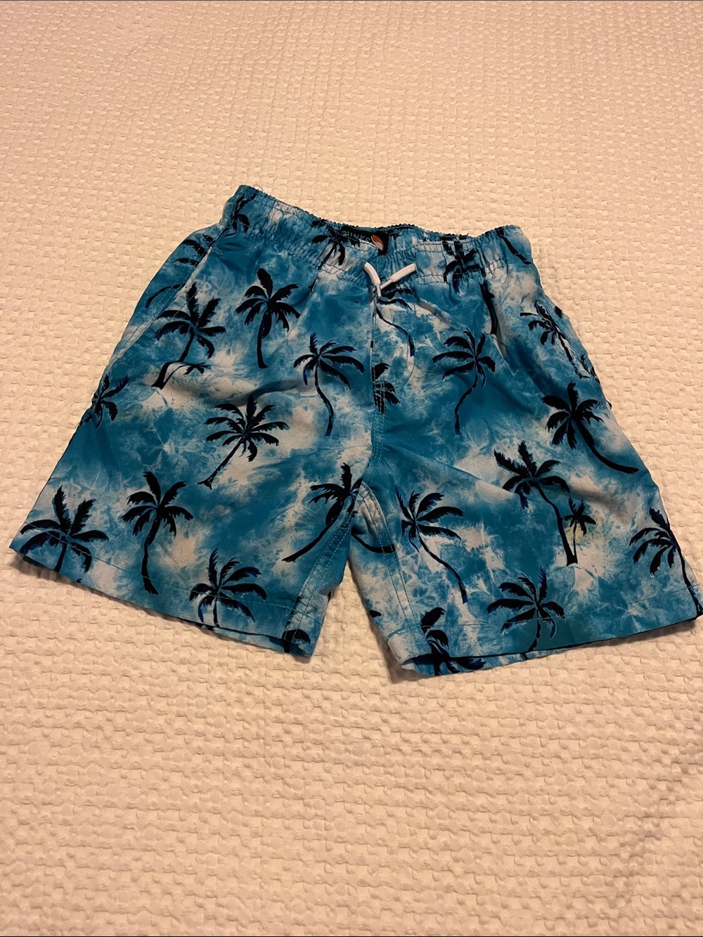 Kids Blue Palm-Print Swim Shorts with Elastic Waist